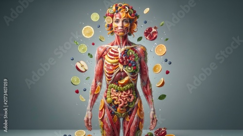 Human Anatomy Composed of Fruits and Vegetables: A striking artistic representation of human anatomy.