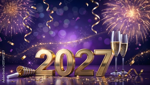 Golden 2027 numbers with champagne glasses and fireworks
