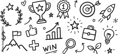 Business success doodle icons, startup growth vector set, goal achievement symbols