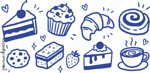 Blue hand drawn bakery icons, sweet pastry doodles, 8 dessert vector elements
