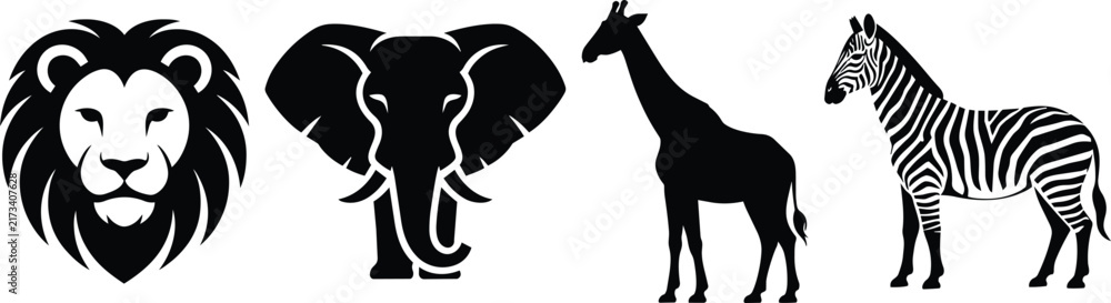 Naklejka premium Safari icon set animals collection featuring a lion face, elephant head, giraffe body, and zebra standing in a solid black silhouette style isolated on a plain white background for wildlife