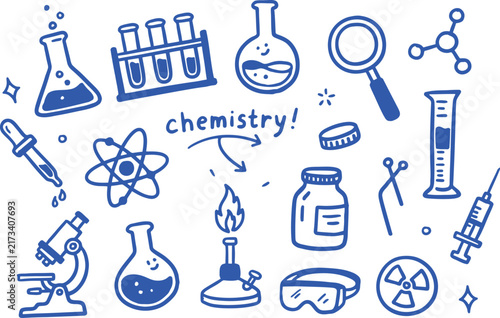 Chemistry lab doodles, science equipment icons, blue hand drawn vector set