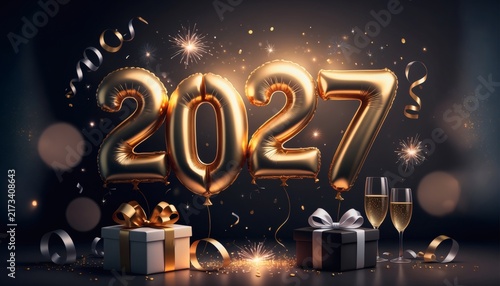 Golden 2027 foil balloons with gift boxes champagne and fireworks