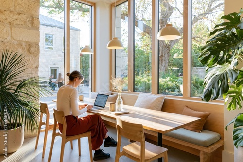 Person working alone in quiet cafe corner with large window and natural light