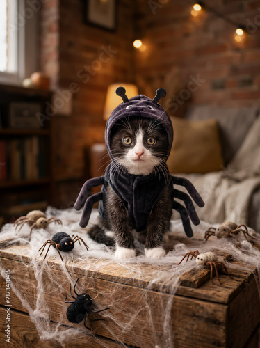 Cute tuxedo kitten wearing funny black spider costume sits on rustic wooden crate with cobwebs in decorated cozy living room. American carnival for Halloween celebrating concept with copy-space.