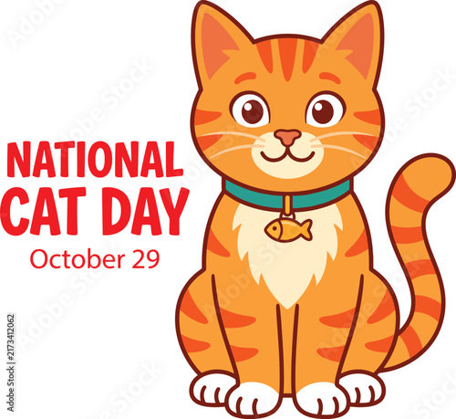 Cartoon orange tabby cat with national cat day text and october 29 date for holiday celebration kitten
