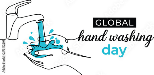 Global hand washing day continuous line of a faucet pouring water over hands with blue splashes and black text on a white background