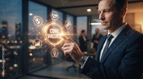 Business Core Values: A focused businessman in a sharp suit interacts with a futuristic digital interface, highlighting Core Values and associated icons, symbolizing strategic business principles.