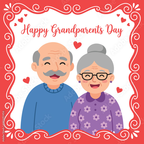 Happy grandparents day featuring a smiling elderly couple in a red decorative frame with hearts senior