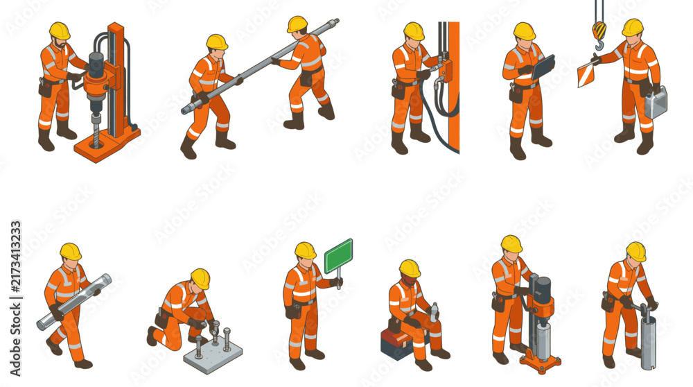 Fototapeta premium Construction workers in orange safety gear performing various tasks.