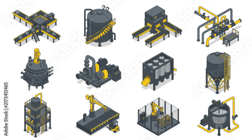 Isometric Industrial Factory Equipment Set.