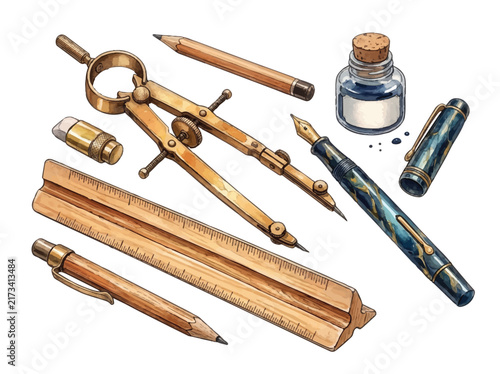Vintage Architect Drafting Set with Brass Compass Scale Ruler and Fountain Pen in Soft Watercolor Style Isolated on White Background