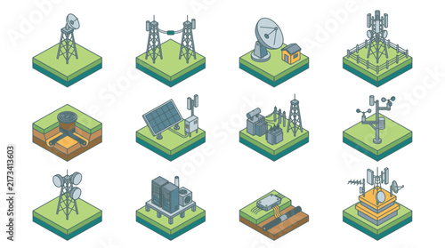 Isometric pixel art collection of communication towers and satellites.