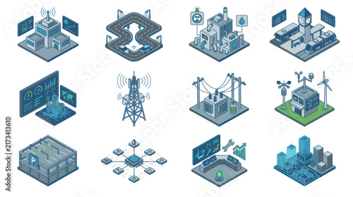 Isometric Technology and Industry Concept Icons Set.