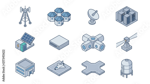 Isometric Technology and Industry Icon Set.