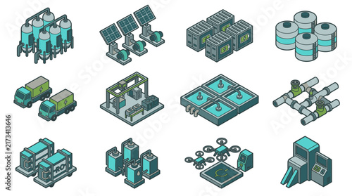 Isometric Technology and Industry Icons Set.