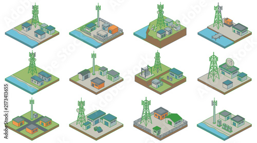 Isometric Village and City Scenes with Wind Turbines.