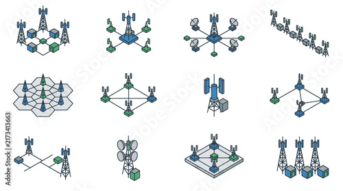Network topology diagrams with various node and connection styles.