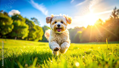 Süßer Maltipoo läuft fröhlich über eine grüne Wiese im Park an einem sonnigen Tag
