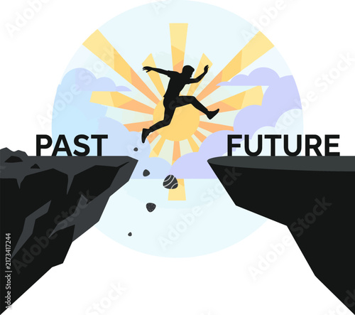 Bild auf Leinwand Silhouette of a man jumping over a cliff gap from the past towards the future