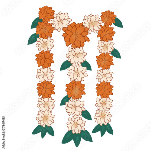 Indian Marigold Flower Garland Vector Illustration for Onam Festival, Diwali Decoration, and Traditional Floral Celebration Background isolated on transparent/white background