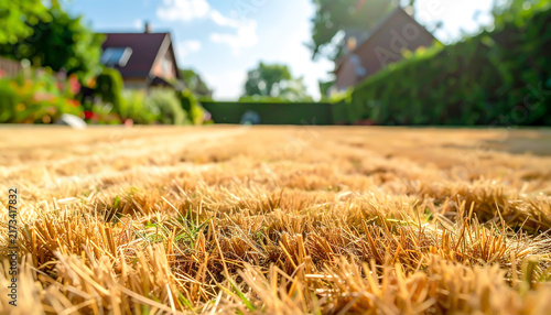 Vertrockneter brauner Rasen im Garten während einer sommerlichen Dürre