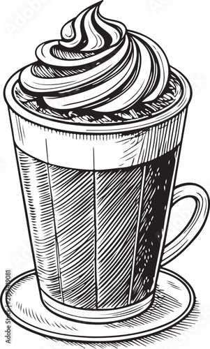Chocolate mocha Hand-drawn Sketch Drawing Vector Illustration, Line Linear Symbol Black and White Engraving, Isolated