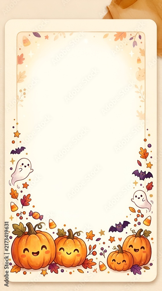 Fototapeta premium Cute Halloween autumn background with smiling pumpkins, ghosts, bats, candy corn and colorful fall leaves, festive vertical copy space