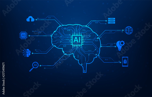 artificial intelligence brain innovation circuit technology blue background. knowledge ai chip semiconductor banner. vector illustration fantastic technology
