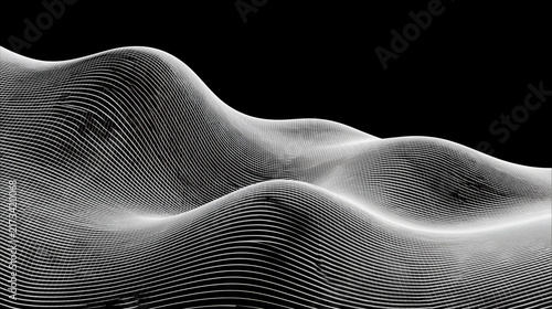 Abstract topographic landscape with wavy lines forming hills and valleys in grayscale, set against a black background. AI generative