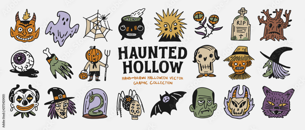 Obraz premium Spooky Vector Halloween Clipart Collection with Ghosts, Black Cats, Pumpkins, Skulls, Bats, Witches and Haunted House Icons, Hand Drawn Vintage Folk Illustration Set for Seasonal Projects