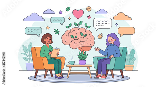 Psychotherapy and mental health counseling vector illustration with psychologist listening to female patient growing brain concept isolated on white background
