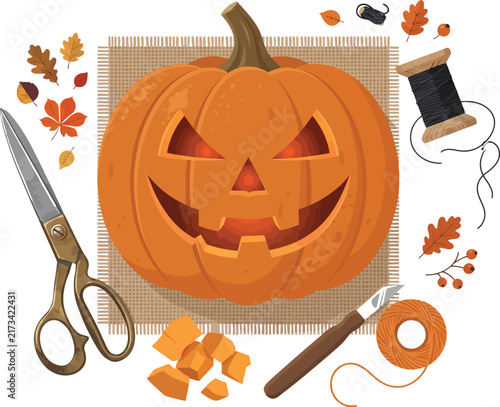 Halloween pumpkin carving craft, rustic autumn flat vector illustration, seasonal DIY decoration concept for festive cards, posters, invitations, and packaging