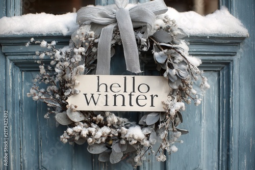 Charming winter wreath adorned with fresh greenery and a welcoming sign on a rustic blue door, capturing the essence of a cozy seasonal greeting