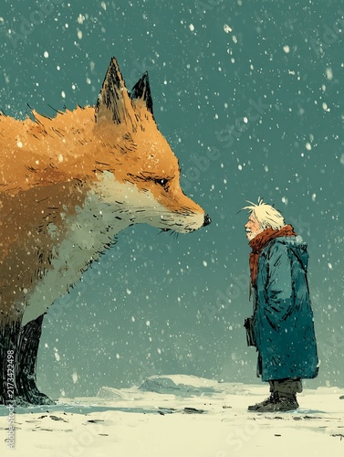 Wonder and curiosity collide as a boy meets a giant fox in a snowy landscape under a pale blue sky during the quiet hours of winter