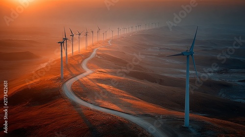 Wind turbines bask in golden light along a winding road under a colorful sky at sunset, merging nature with technology in a breathtaking landscape