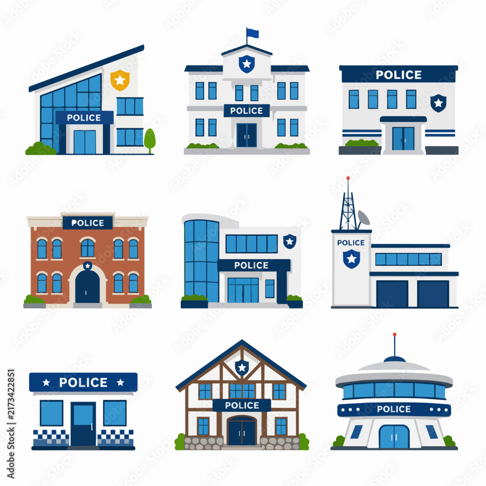 Fototapeta premium A collection of nine diverse police station building illustrations in flat vector style.
