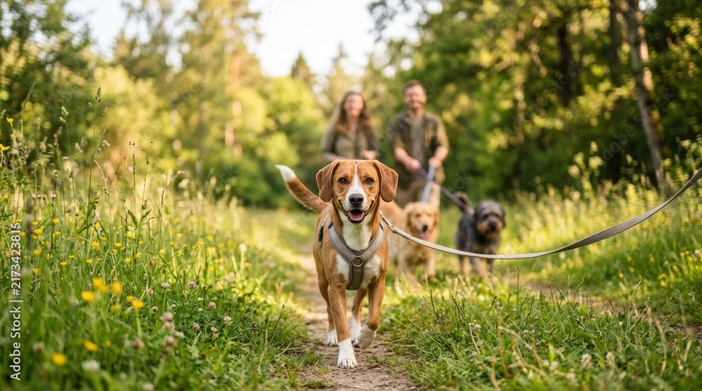 Obraz premium Happy dog walking on leash with owners in sunny park