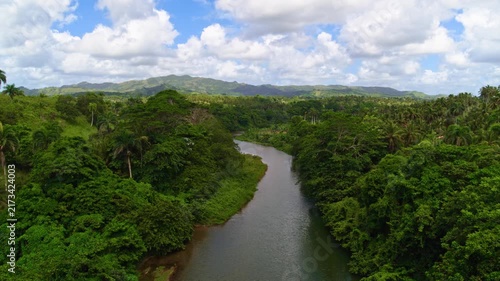 Drone view of a tropical forest with a flowing river in the morning in a natural landscape. Calm water. River in the mountains. Trees and water. Natural landscape with a river in the forest.