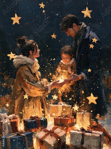 Happy Family Sharing a Magical Glowing Christmas Gift Under Golden Stars, Holiday Greeting Card Oil Painting
