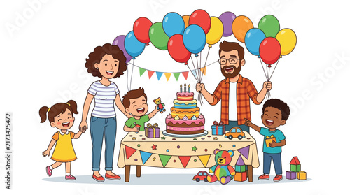 Happy Diverse Family Celebrating a Birthday Party Illustration