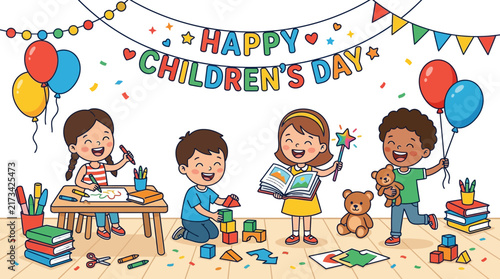 Happy Children Day Celebration Illustration with Diverse Kids