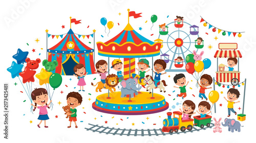 Cartoon Children Enjoying Fun Fair Activities at Carnival Park