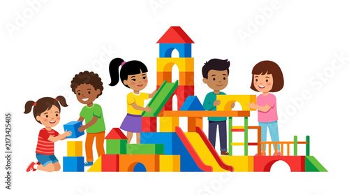 Group of diverse children playing with colorful building blocks