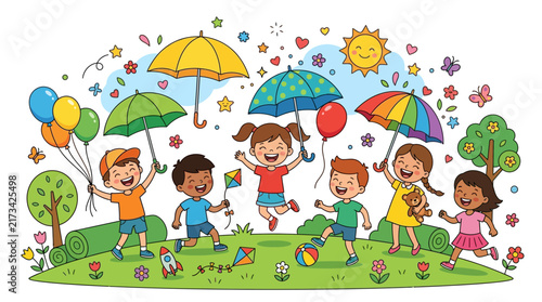 Happy Diverse Children Playing Outside with Colorful Umbrellas
