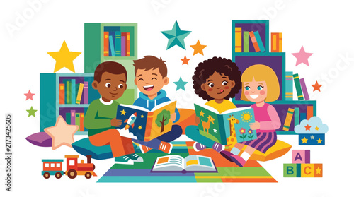 Diverse Children Reading Books Together in a Colorful Library