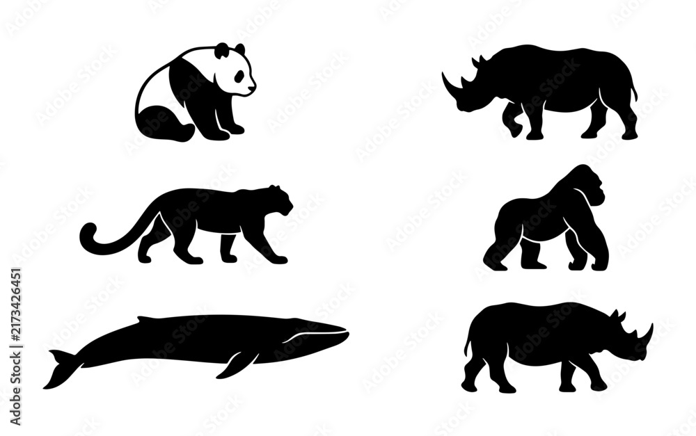 Fototapeta premium 70 Six Silhouette Wildlife Icons: Panda, Rhinoceros, Panther, Gorilla, Whale, Vector Graphics for Nature and Conservation Themes 100