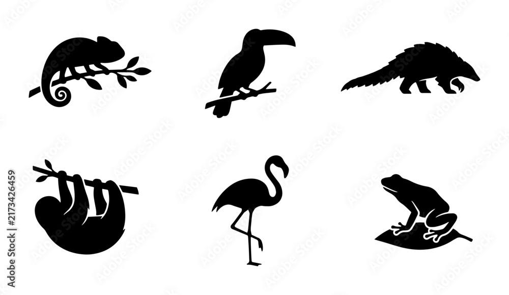 Naklejka premium 70 Silhouette Animal Icons Set: Chameleon, Toucan, Pangolin, Sloth, Flamingo, Frog Vector Graphics for Wildlife and Nature Designs 100
