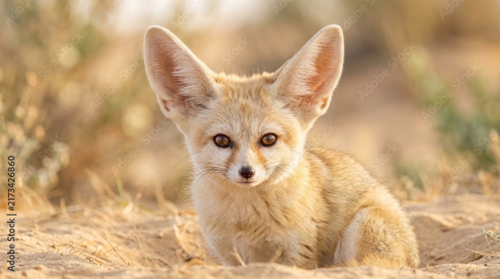Naklejka premium Desert Fox Curiosity: A fennec fox with its characteristic large ears sits in the sandy desert, its gaze fixed forward, embodying a sense of alert curiosity amidst the arid landscape.