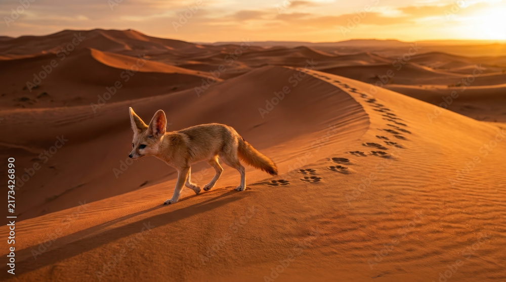 Naklejka premium Fennec Fox in the Desert Dunes: A fennec fox with large ears walks along a sand dune at sunrise, leaving footprints in its path. The desert landscape glows with warm, golden light.